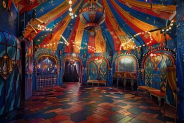 Dramatic art installation with large eye projections and dynamic lighting in an indoor venue during an evening event