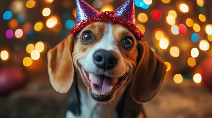 Funny portrait of hound dog with Happy New Year party head accessory.