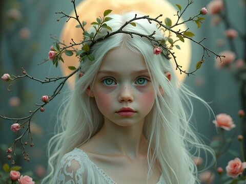 Fantasy girl with platinum hair and pink rose bud crown