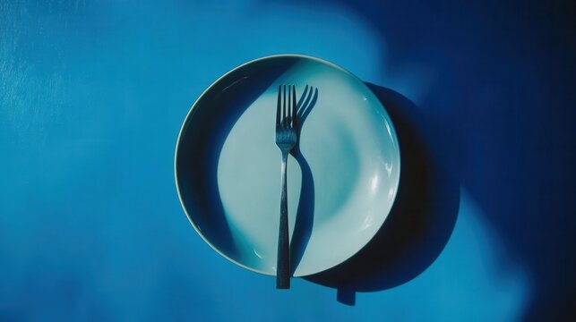 Fasting Lifestyle. Plate and Clock on Blue Table as Symbols of Diet and Meal Skipping