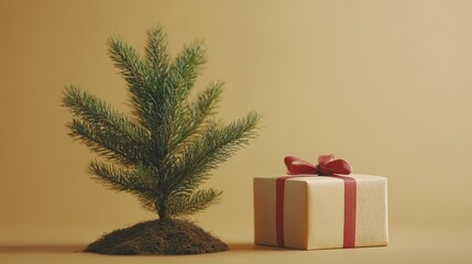 Gift box placed near small fir tree