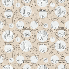 Seamless pattern with horses. Repeating pattern with different horses. Endless pattern. Cute horse faces