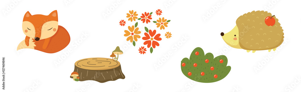 Poster autumn forest and woodland object and element vector set