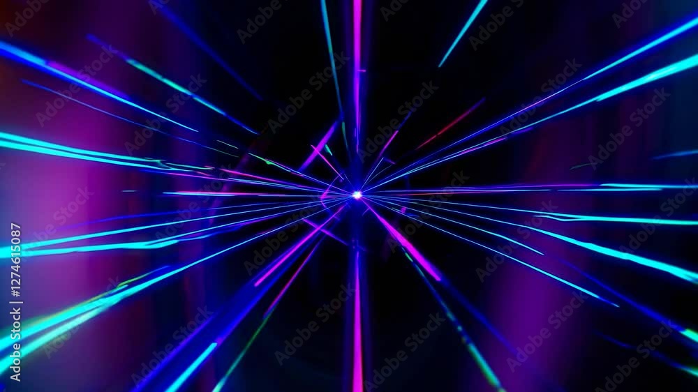 Poster dynamic neon beams radiate from a central point, creating a vibrant, futuristic pattern. the interpl
