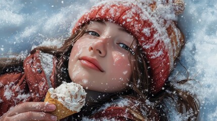 Girl lying in the snow and enjoying ice cream