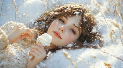 Girl lying in the snow and enjoying ice cream