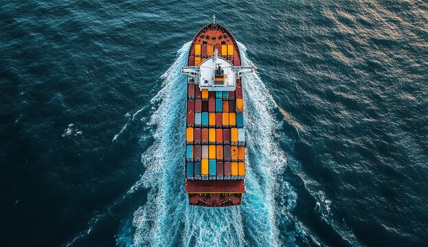 Aerial View of Cargo Ship with Containers Sailing in Open Sea, Global Business Concept