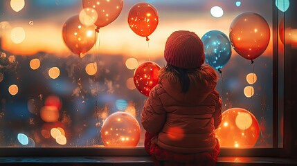 Girl sitting by a window holding New Year's Eve balloons.