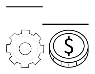 Gear alongside a dollar coin signifies productivity, efficiency, and economic growth. Ideal for business, finance, engineering, strategy, workflow, investments and abstract line flat metaphor