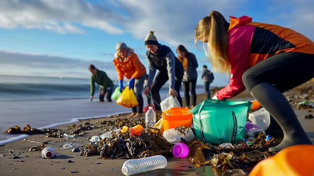 Community beach cleanup efforts against plastic pollution, illustrating environmental activism, sustainability, teamwork, ocean conservation and responsible community action