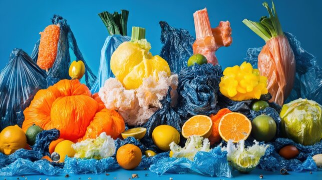 Colorful arrangement of plastic-wrapped fruits and vegetables against a blue backdrop, highlighting waste