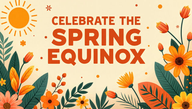 Bright poster with the text “Celebrate the Spring Equinox” surrounded by colorful flowers and sun graphics