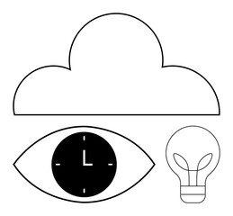 Cloud, eye with clock pupil, and light bulb. Ideal for time management, innovation, vision, cloud computing, creative thinking productivity focus. Abstract line flat metaphor