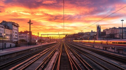 Fototapeta premium Fiery Sunset over City Train Station
