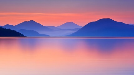 Serene Sunset Over Silhouetted Mountain Range Reflecting In Calm Lake Waters