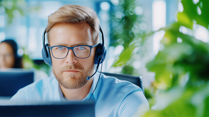 Close-up of a man wearing glasses and a headset, working in a modern office environment with focus and concentration, ideal for themes of remote work and technology.