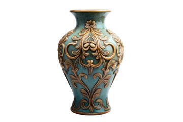 Elegant turquoise vase with intricate gold detailing displayed against a clean white background isolated on transparent background