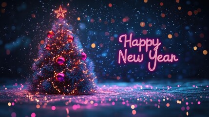 Glowing "Happy New Year" text with sparkling fireworks