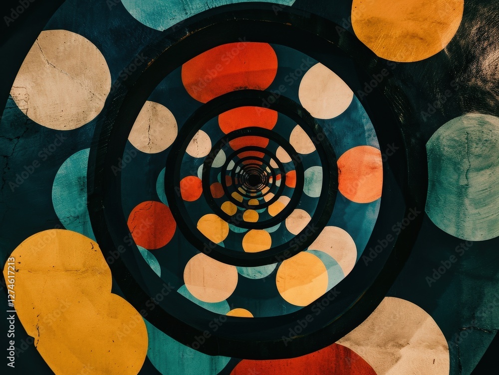 Wall mural tunnel of colorful circles forming abstract pattern on a wall, for decorative use