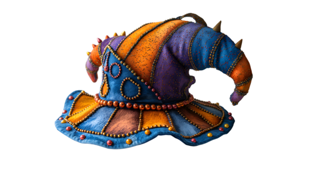 Colorful Jester Hat Festive Costume Accessory, Unique Beaded Design for Themed Events, isolated on transparent background.