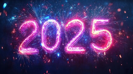 Glowing neon "2025" Happy New Year greeting with sparkling fireworks