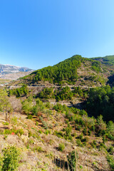 Amazing landscape shot of green lushful mountains and hills with snow on top of the peaks in the background..