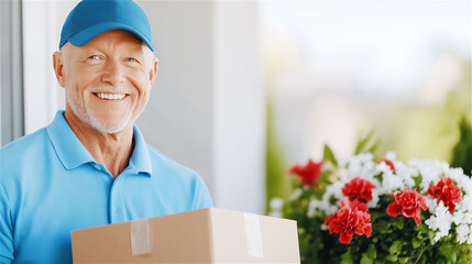 A senior man in a blue cap smiling while holding a package, representing the joy of receiving gifts or delivering parcels during the holiday season.