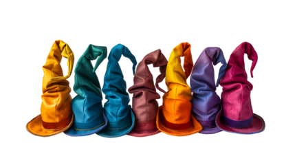 Rainbow Wizard Hats Fantasy Party Props, Colorful Fabric Design for Magical Themes, isolated on transparent background.