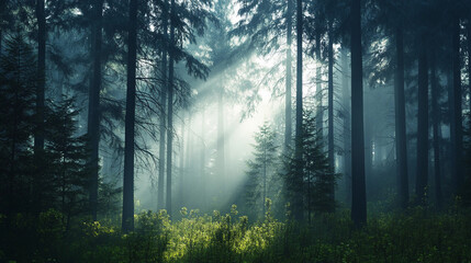 Misty forest landscape with tall pine trees, sunlight streaming through fog in a tranquil natural setting. Generative AI
