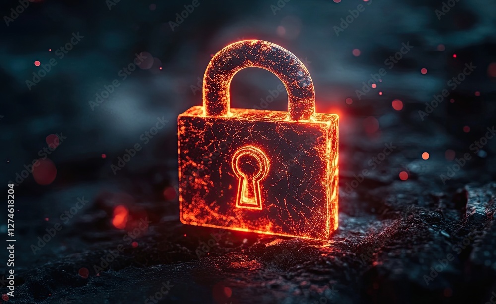Aufkleber digital security concept featuring an orange glowing padlock in particle style design