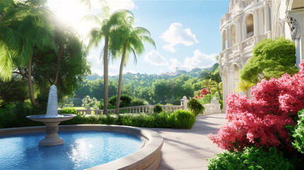 Fototapeta premium A lush garden with a fountain and tropical plants. The serene atmosphere and vibrant green foliage offer a peaceful retreat in a tropical paradise.
