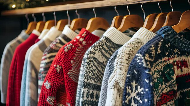 A row of festive knitted Christmas sweaters with traditional holiday patterns, hanging neatly on a wooden rack in warm lighting. . High quality 4k footage