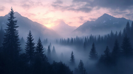 Obraz premium Misty mountain landscape during dawn with tall pine trees enveloped in fog and soft light illuminating the horizon. Generative AI
