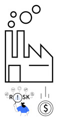 Factory emitting abstract lines, person analyzing risk highlighted by icons, and dollar coin representation. Ideal for business risk, decision-making, manufacturing, industry, finance, investments