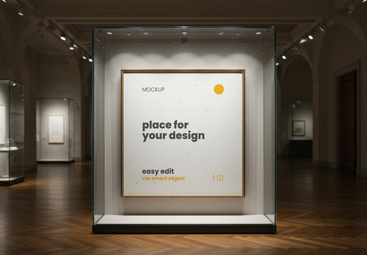 Square Poster Page Mockup inside Glass Case on Museum Mockup