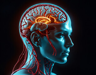 Obraz premium The hologram of the human head, the brain, blood vessels, nerve nodes are visible.