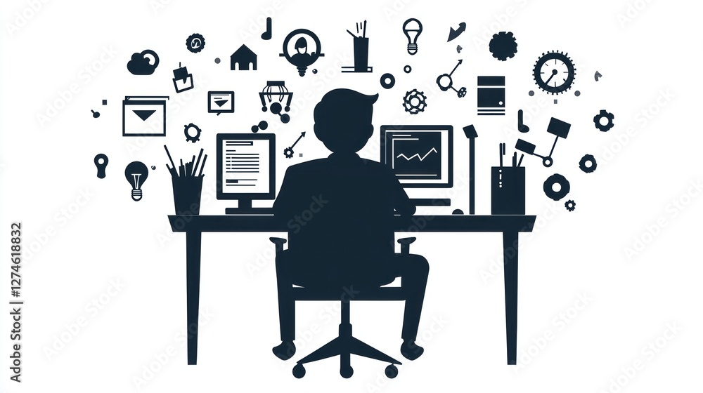 Poster silhouette of a person working at a desk with many icons. possible use stock photo for productivity,