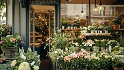 Charming flower shop with rustic decor, captured at eye-level. The inviting display of blooms suggests a cozy, cinematic video scene.
