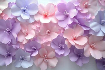 dimensional paper art number 8 filled with realistic 3d rendered spring flowers in pastel pink and purple, casting soft shadows