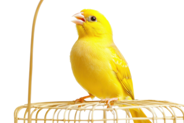 Bright yellow canary perched gracefully on a vintage birdcage in a serene setting isolated on transparent background