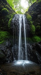 Obraz premium Water flows gracefully over moss-covered rocks, creating a tranquil atmosphere in the forest