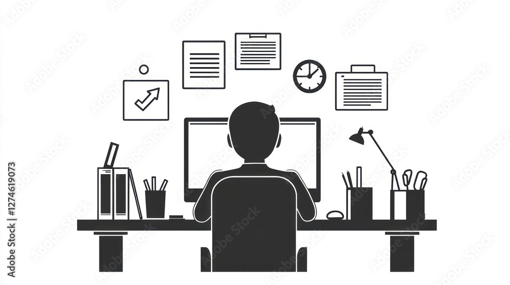 Poster person working at a desk with documents and a clock. possible for office productivity