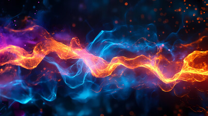 Abstract background with electromagnetic plasma quantum ribbons on dark horizon. Cyberpunk Plasma Ribbons. Illustration