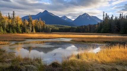 Mountain Reflections In Autumnal Marsh Landscape