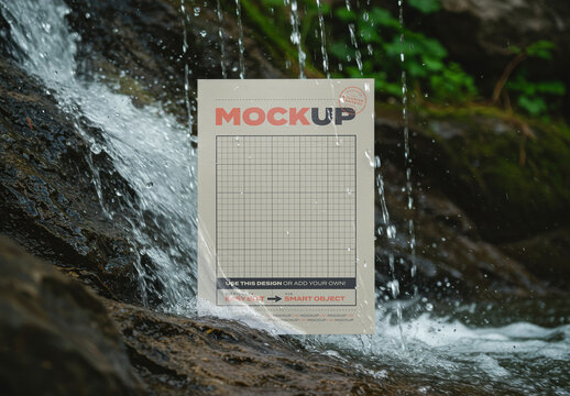 Stand Vertical Page Poster Mockup Wet on Waterfall and Rocks