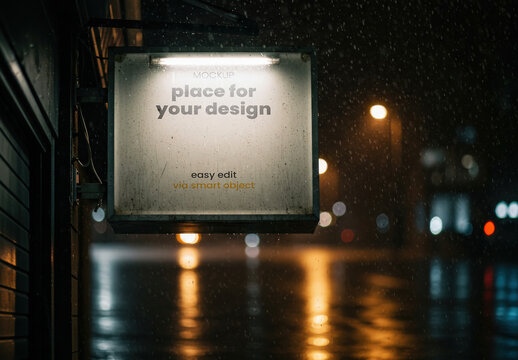 Store Sign Mockup Under Rain at Night