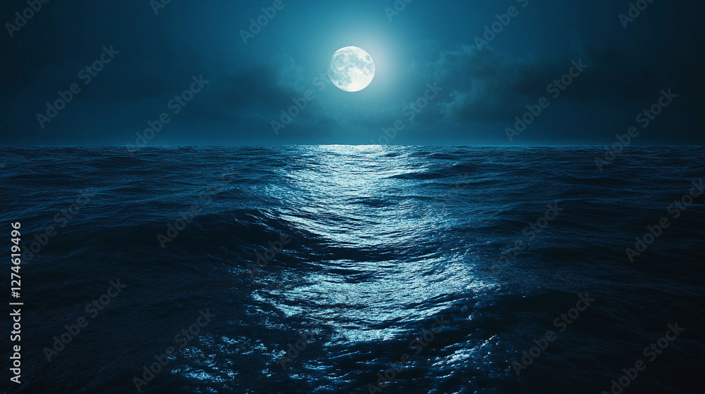 Poster mystical deep blue ocean surface illuminated by the gentle glow of a full moon at night, creating a 