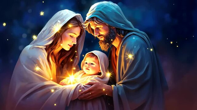 A serene, low-angle video captures a family in robes, illuminated by a glowing light, set against a starry night sky in a painting style.