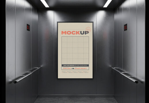 Super Vertical Frame Poster Mockup Inside Metallic Elevator