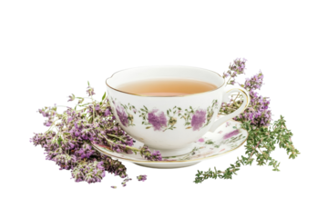 A delicate porcelain cup filled with herbal tea nestled among fresh lavender blooms isolated on transparent background